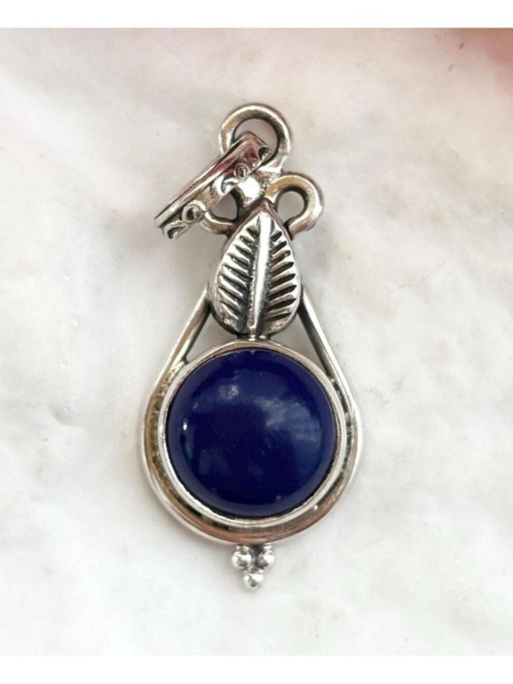 Blue Lapis Lazuli Leaf Accented Sterling Silver 925 Vintage Pendant | Charm